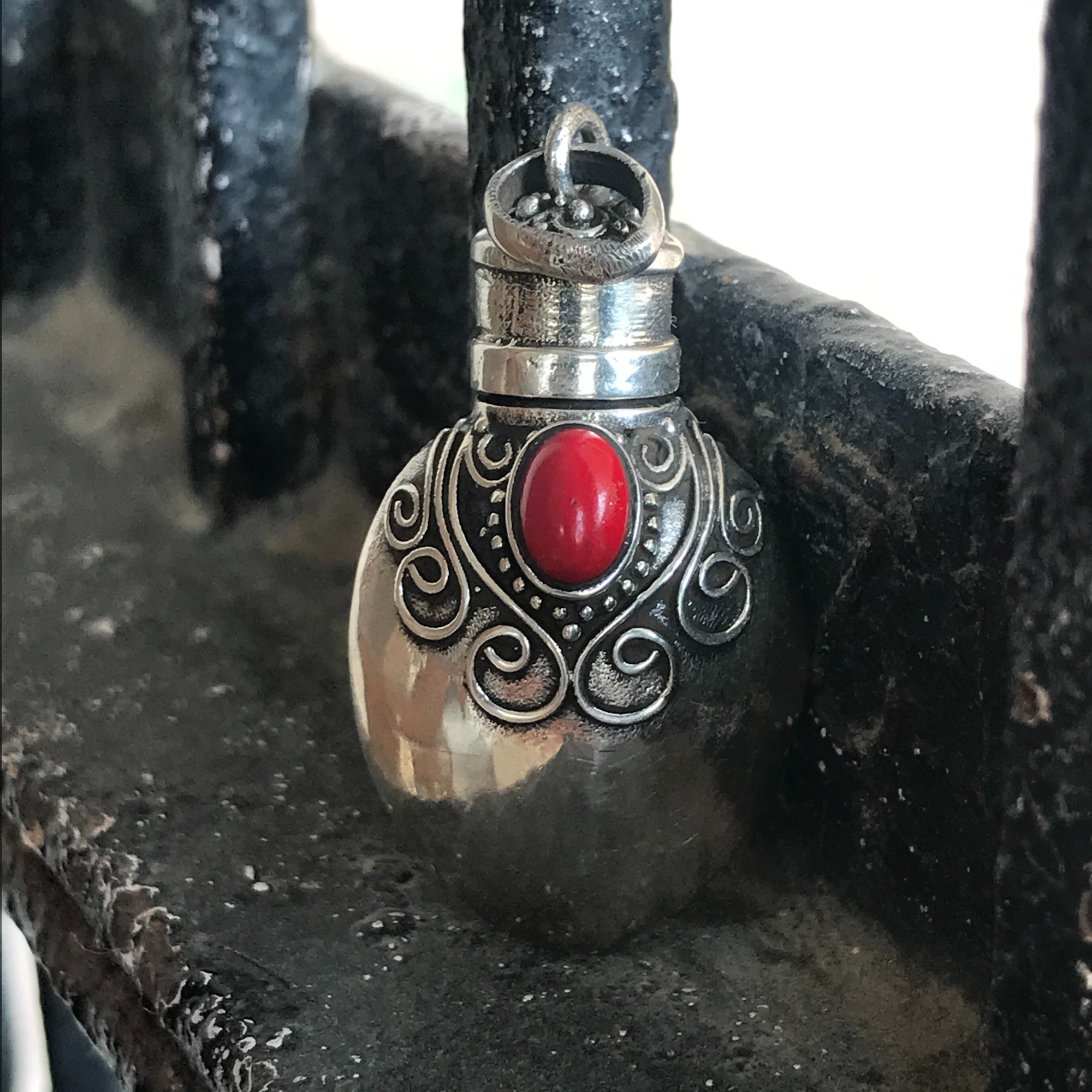 Sterling Silver Pendant Kavach with Red Coral