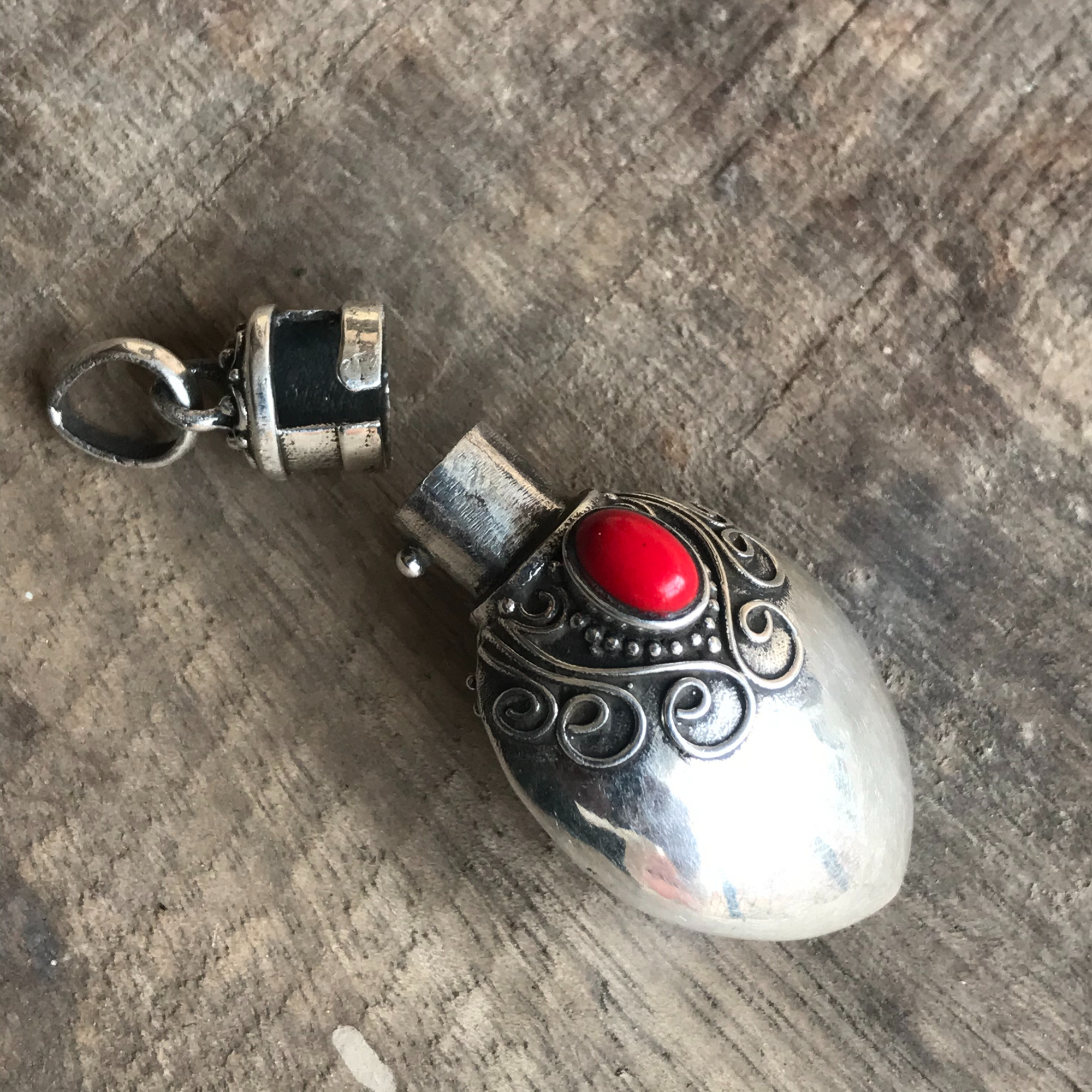Sterling Silver Pendant Kavach with Red Coral