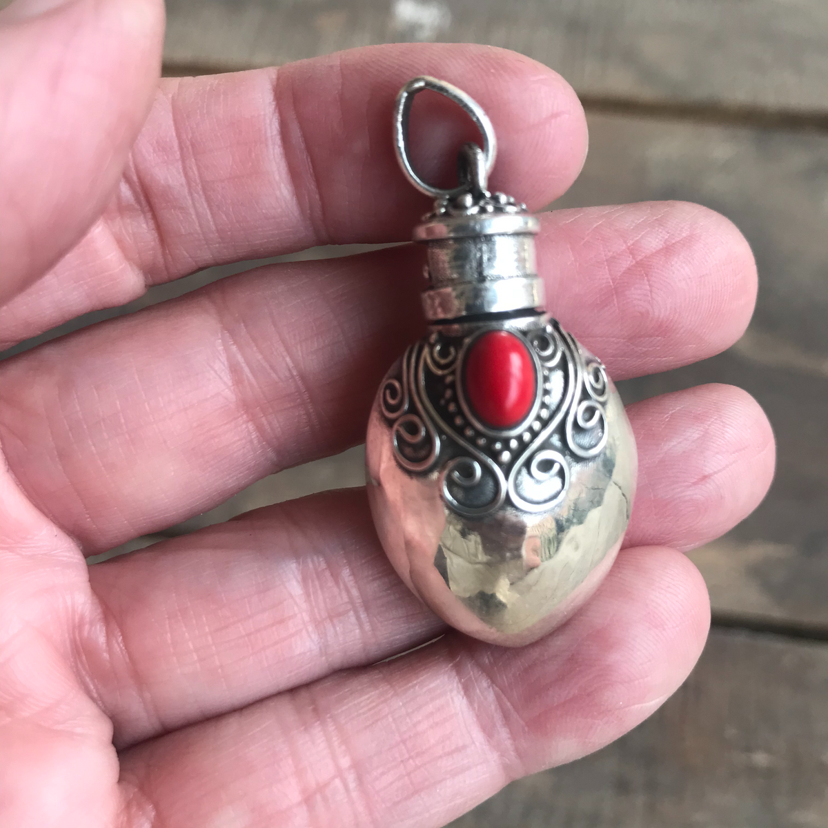 Sterling Silver Pendant Kavach with Red Coral