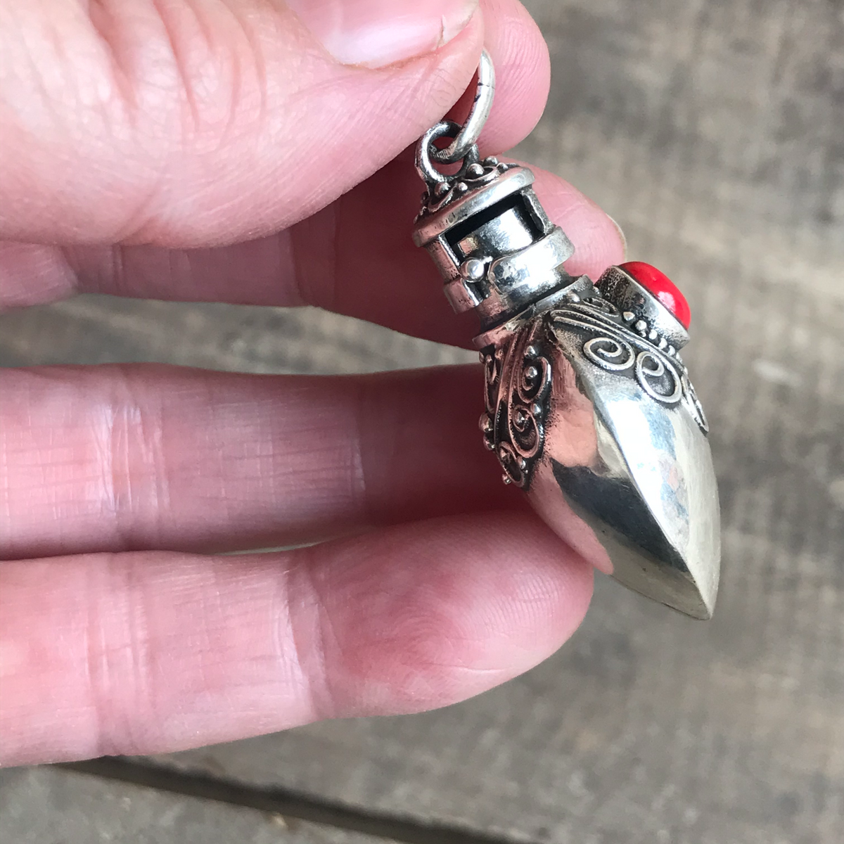 Sterling Silver Pendant Kavach with Red Coral