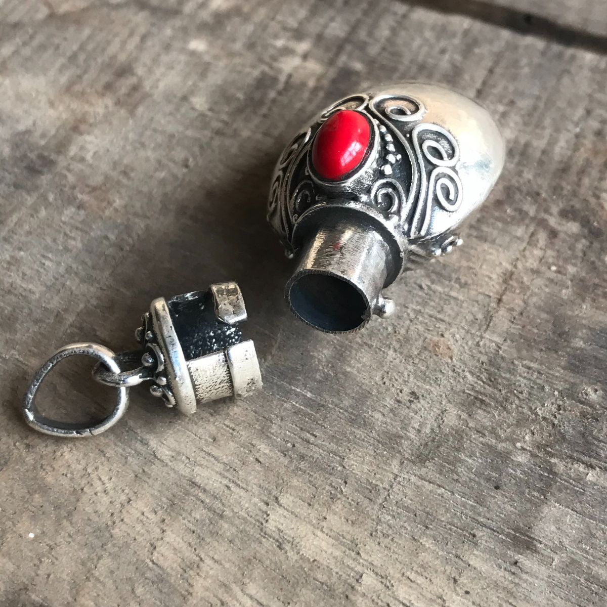 Sterling Silver Pendant Kavach with Red Coral