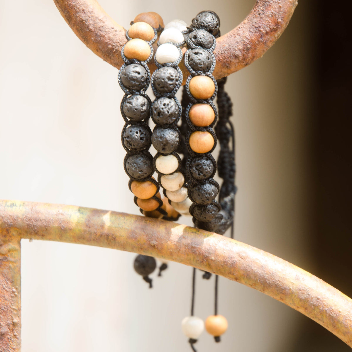 Lava Stone and Tulsi or Sandalwood Adjustable Braided Bracelets