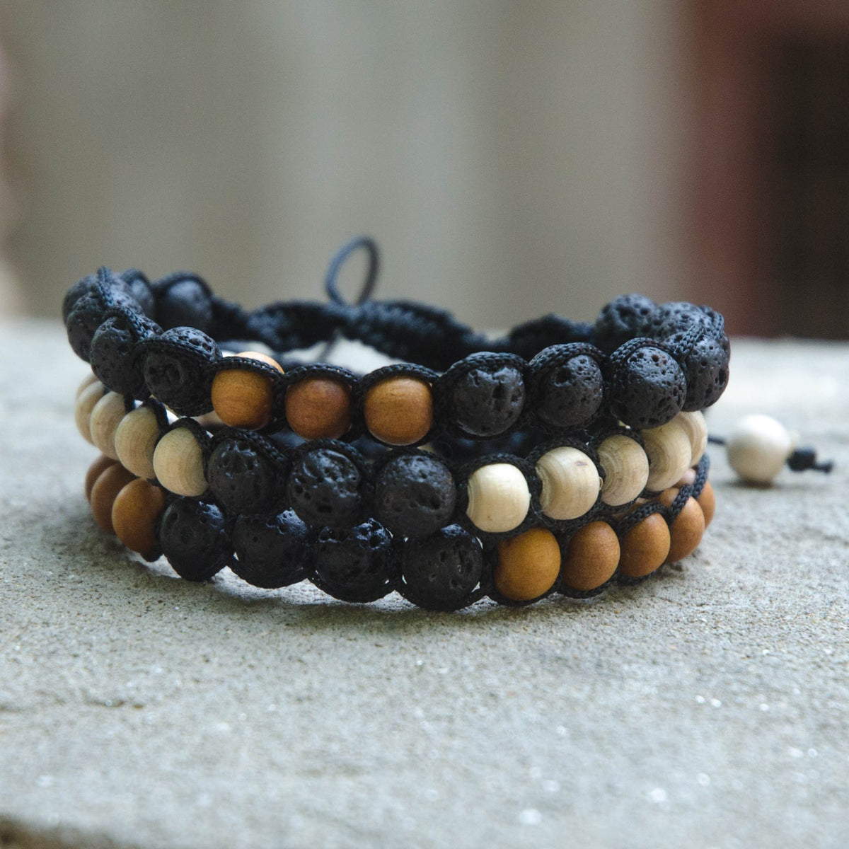 Lava Stone and Tulsi or Sandalwood Adjustable Braided Bracelets