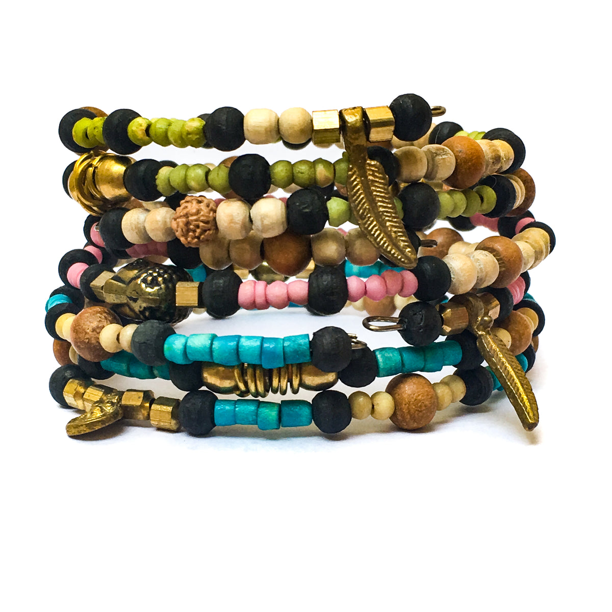 IndiOdyssey Trio of Bone, Brass &amp; Beads Memory Wire Bracelets