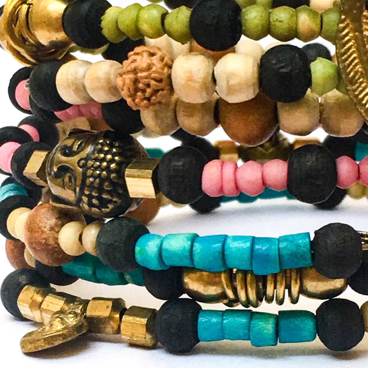 IndiOdyssey Trio of Bone, Brass &amp; Beads Memory Wire Bracelets