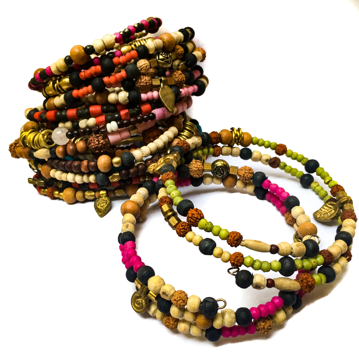IndiOdyssey Trio of Bone, Brass &amp; Beads Memory Wire Bracelets