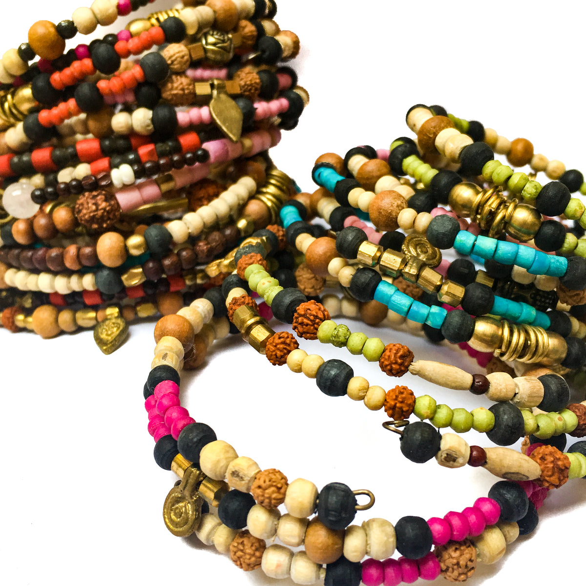 IndiOdyssey Trio of Bone, Brass &amp; Beads Memory Wire Bracelets