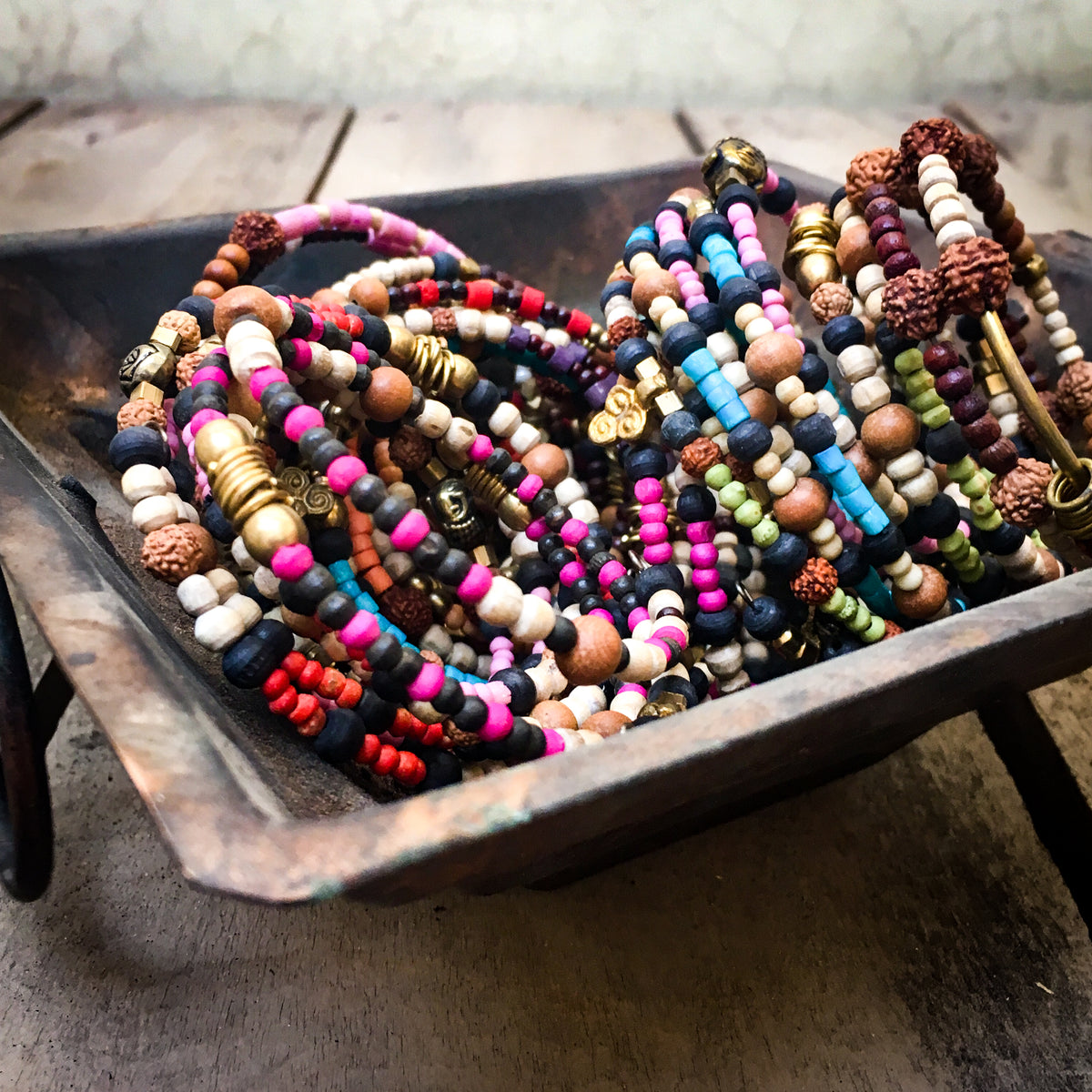 IndiOdyssey Trio of Bone, Brass &amp; Beads Memory Wire Bracelets