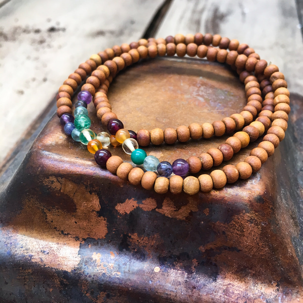 IndiOdyssey Trio of Sandalwood &amp; 7-Chakra Gemstone Bracelets