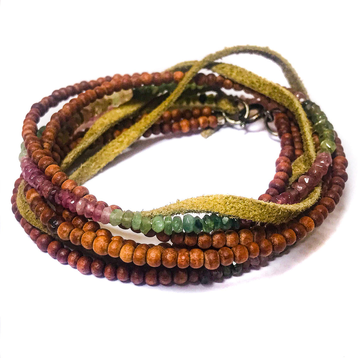 Watermelon Tourmaline &amp; Sandalwood Wrap Bracelet