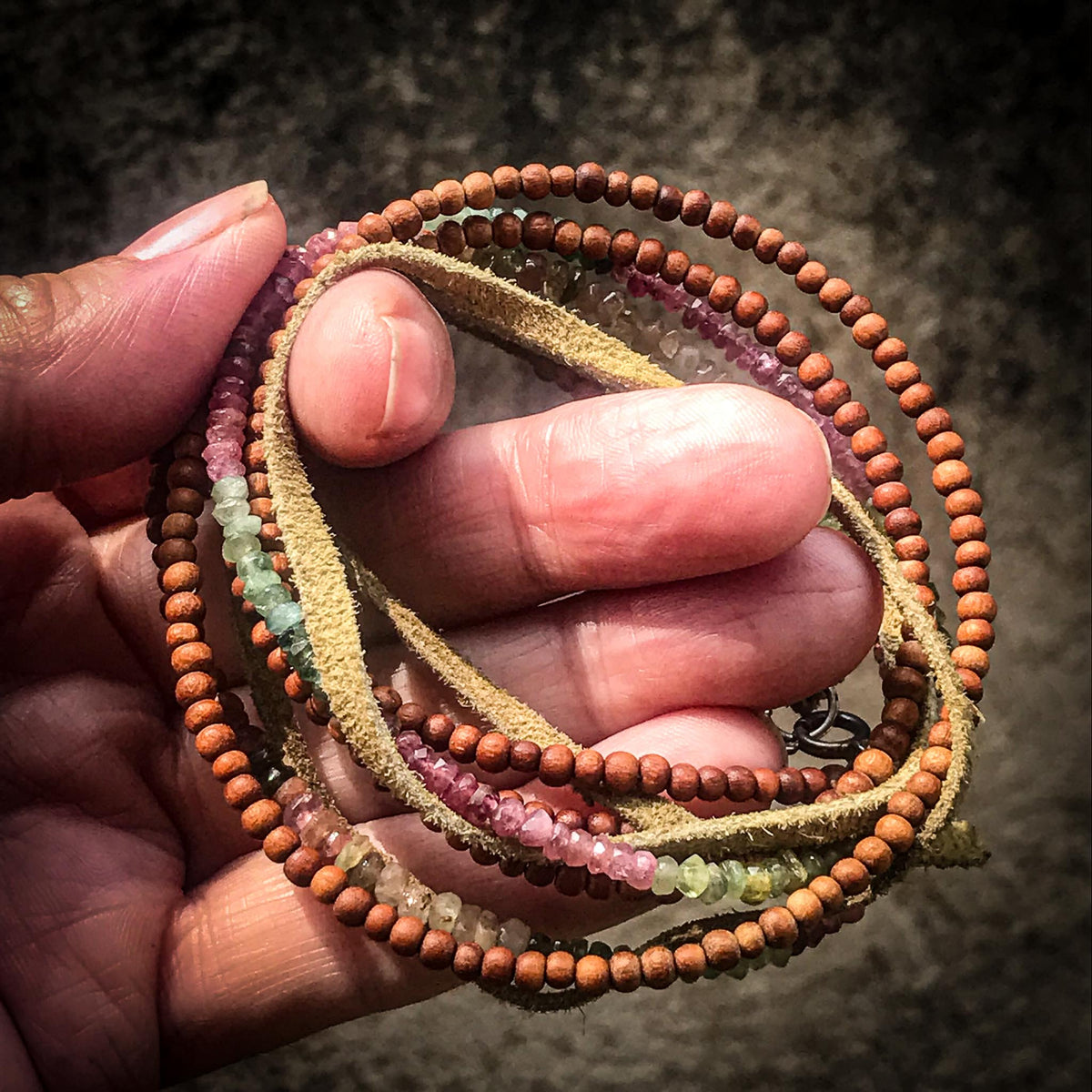 Watermelon Tourmaline &amp; Sandalwood Wrap Bracelet
