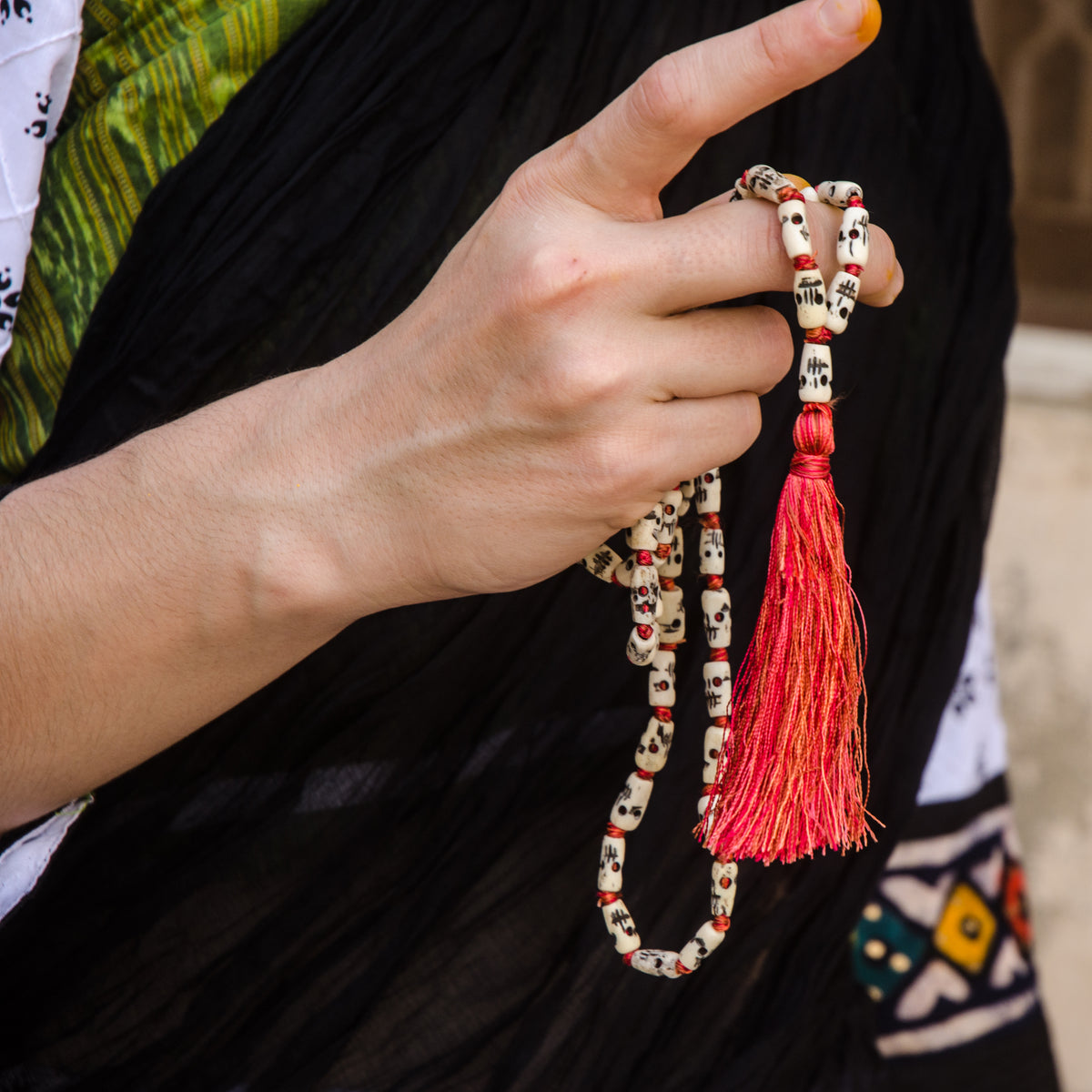 Handmade cotton skirt in white and batik border 32 panel Gopi skirt