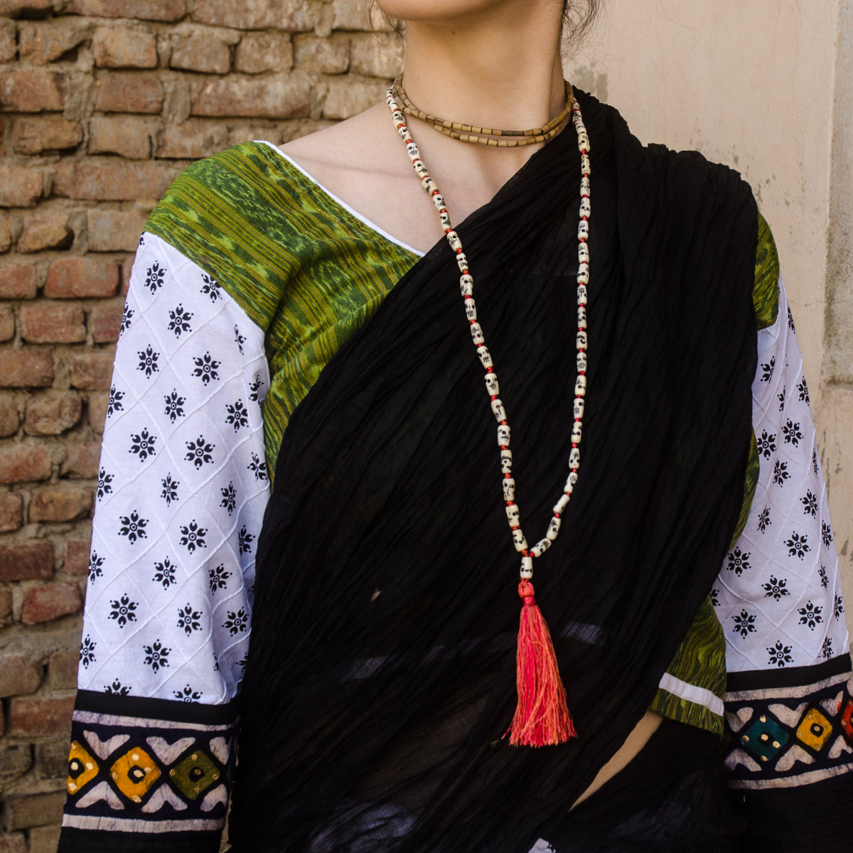 Handmade cotton skirt in white and batik border 32 panel Gopi skirt