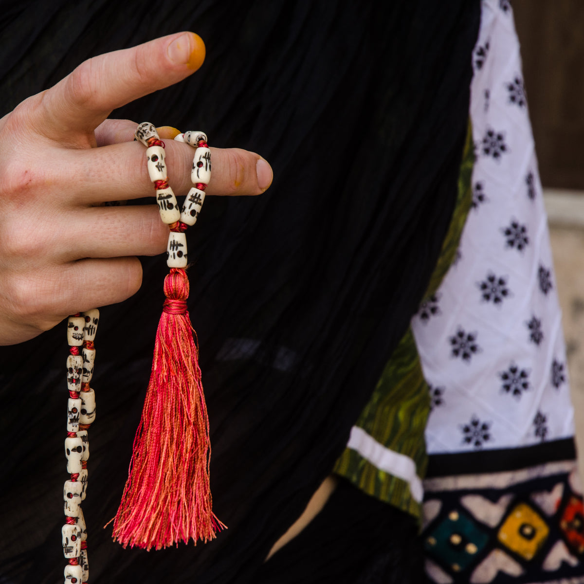 Handmade cotton skirt in white and batik border 32 panel Gopi skirt