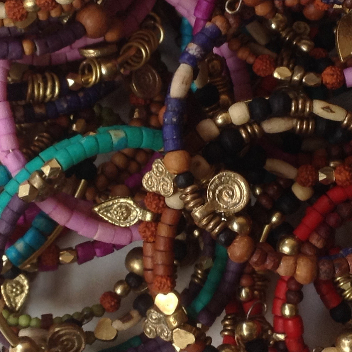 IndiOdyssey Trio of Bone, Brass &amp; Beads Memory Wire Bracelets