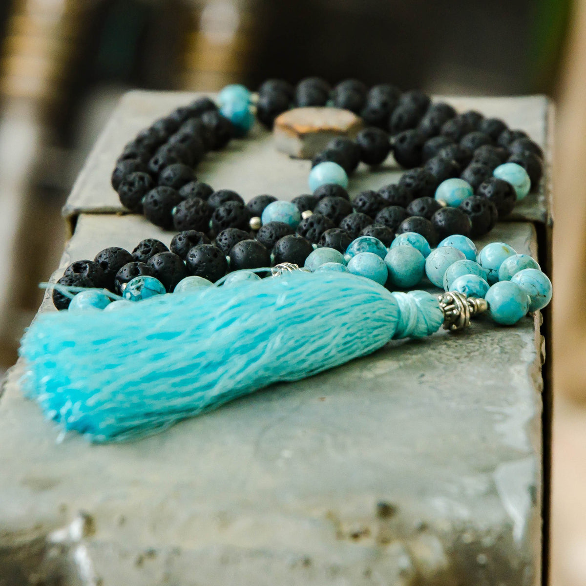 Turquoise and Lava Stone Aromatherapy Chanting Mala Necklace