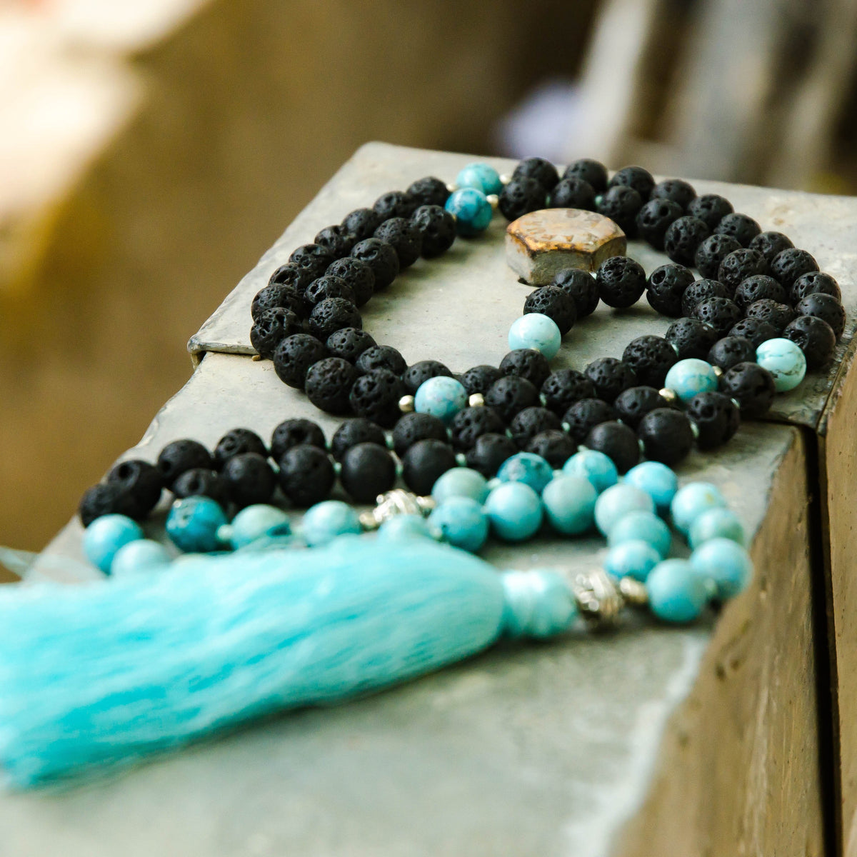 Turquoise and Lava Stone Aromatherapy Chanting Mala Necklace