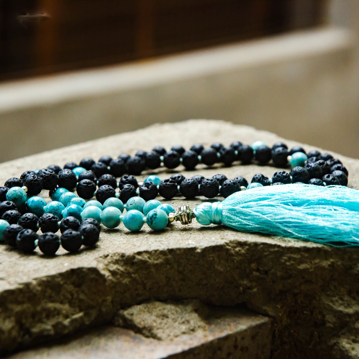 Turquoise and Lava Stone Aromatherapy Chanting Mala Necklace