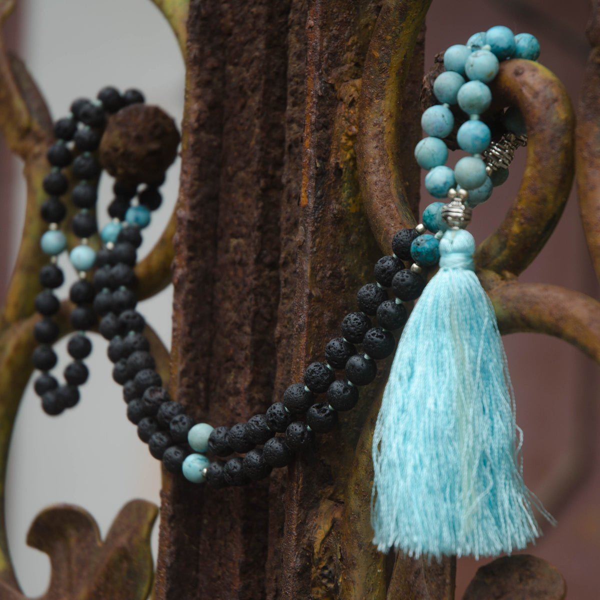Turquoise and Lava Stone Aromatherapy Chanting Mala Necklace