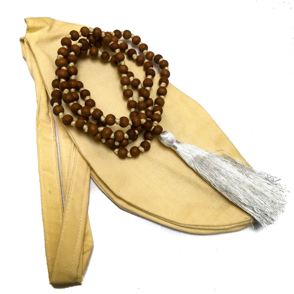 Sandalwood Mala Hand Knotted with Khadi Cotton Bean Bag by IndiOdyssey