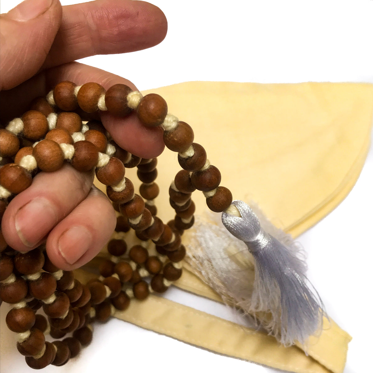 Sandalwood Mala Hand Knotted with Khadi Cotton Bean Bag by IndiOdyssey