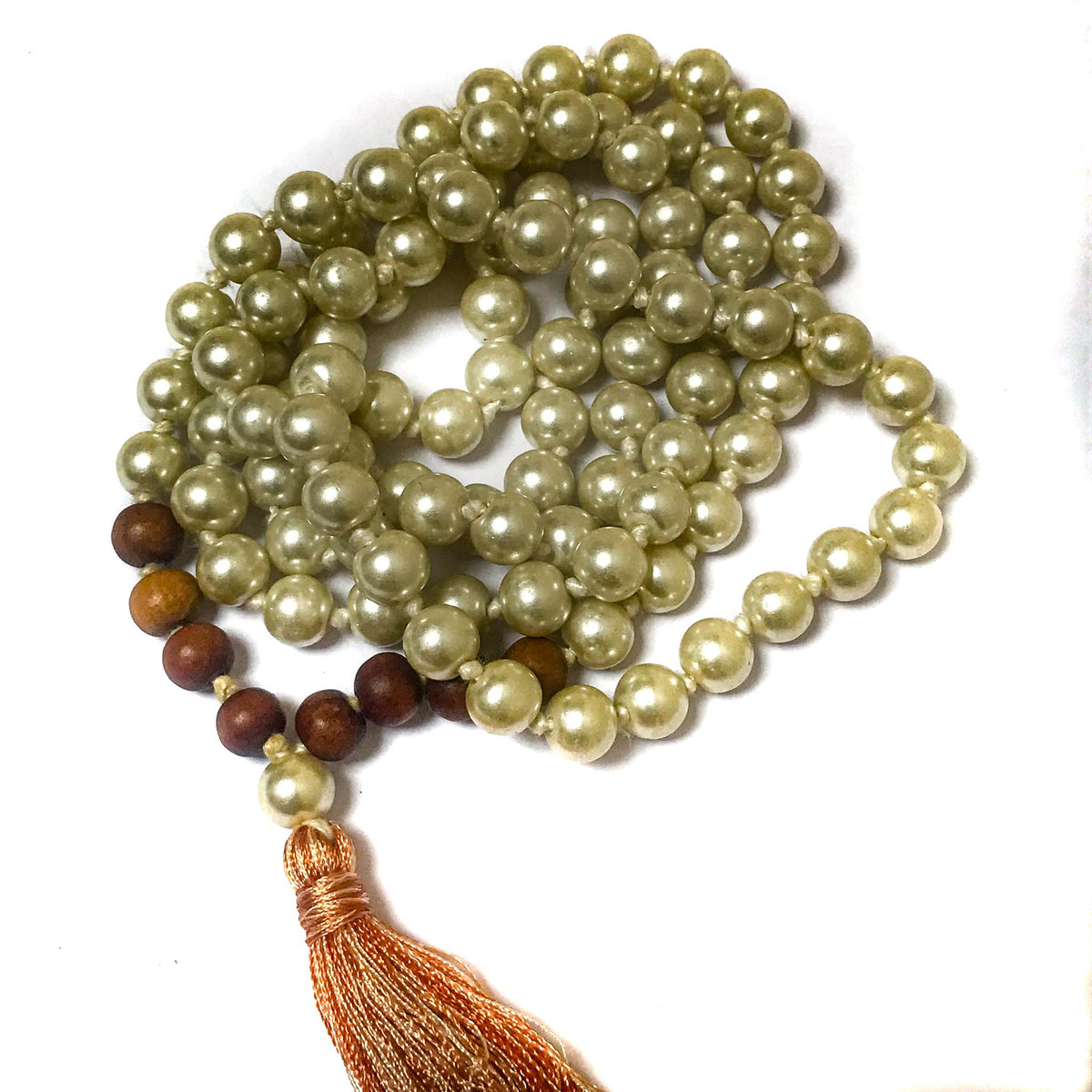 Faux Pearls and Sandalwood 108 Japa Mala