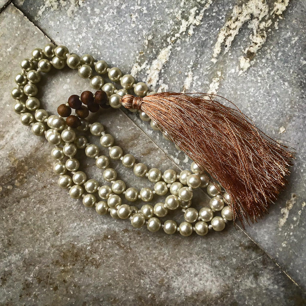 Faux Pearls and Sandalwood 108 Japa Mala