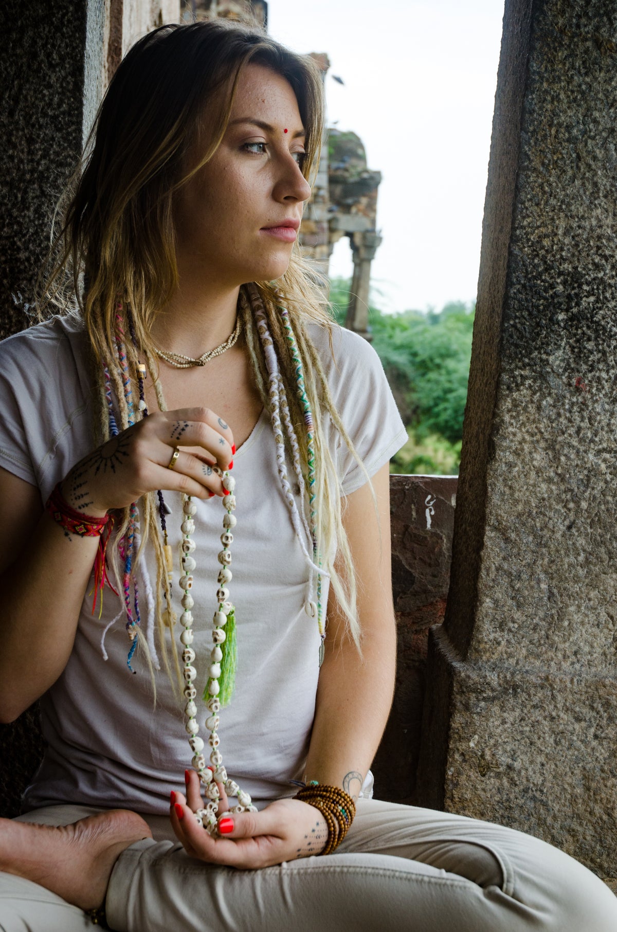 Skull Resin Bead Necklace Mala Hand-Knotted with Colored Silk by IndiOdyssey