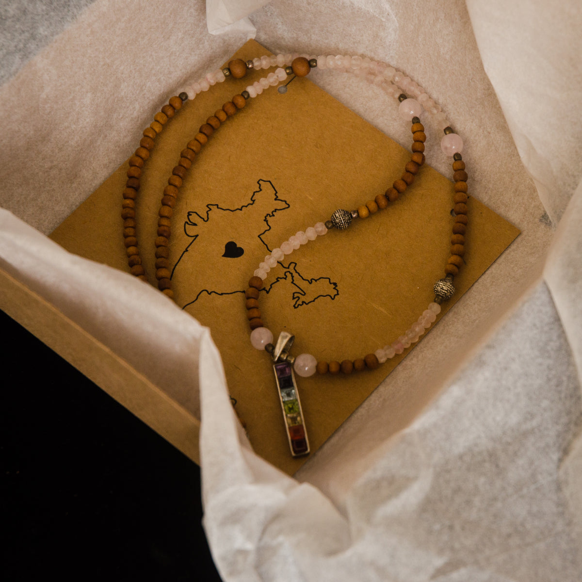 Rose Quartz &amp; Sandalwood Chakra Necklace