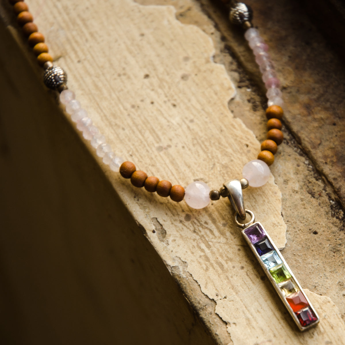 Rose Quartz &amp; Sandalwood Chakra Necklace