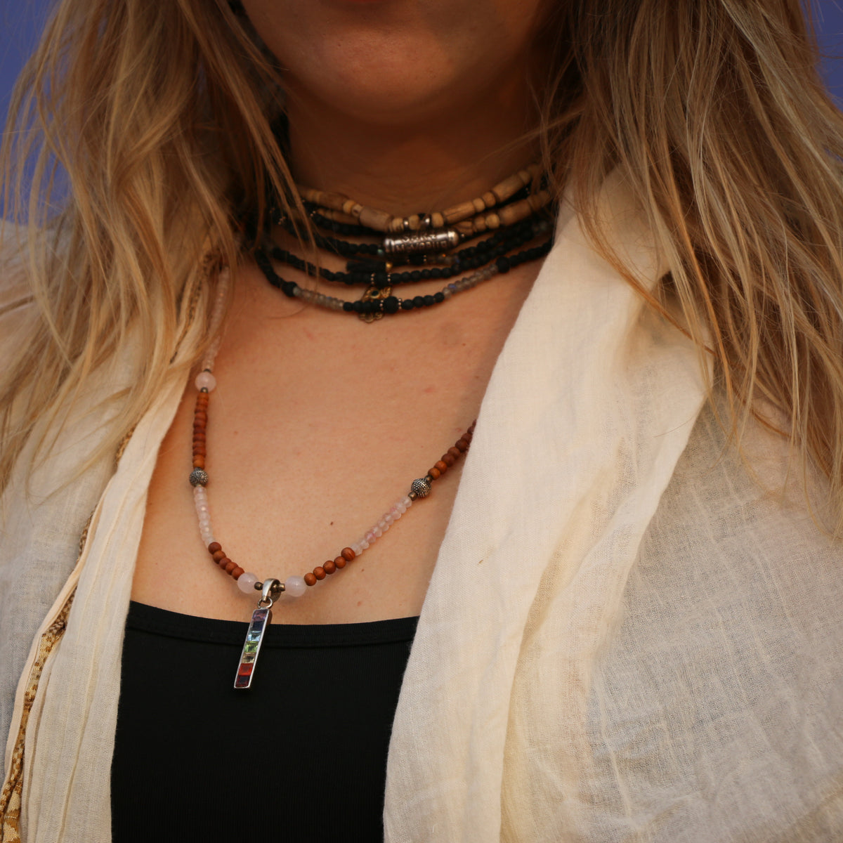 Rose Quartz &amp; Sandalwood Chakra Necklace