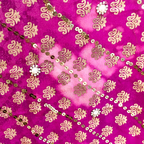 Heavily ornamented purple &amp; green recycled chiffon sari