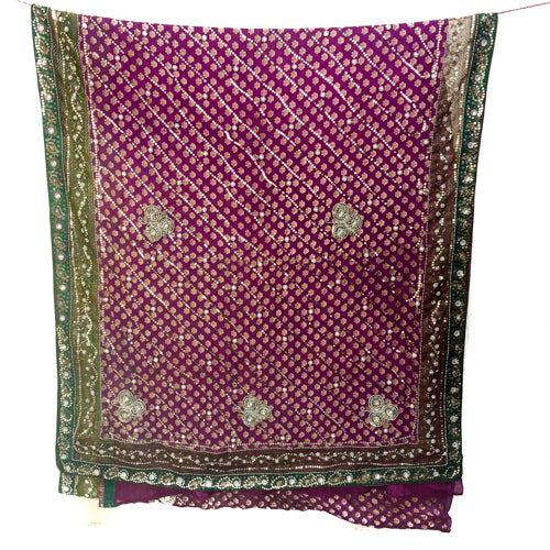 Heavily ornamented purple &amp; green recycled chiffon sari