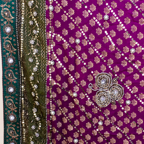 Heavily ornamented purple &amp; green recycled chiffon sari