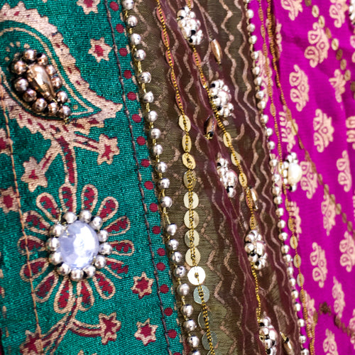 Heavily ornamented purple &amp; green recycled chiffon sari