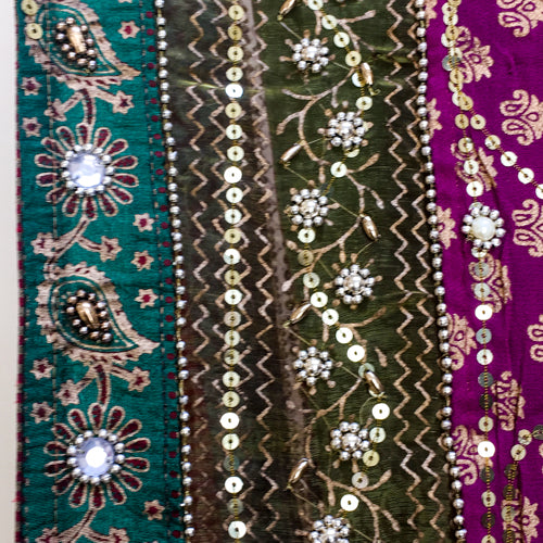Heavily ornamented purple &amp; green recycled chiffon sari
