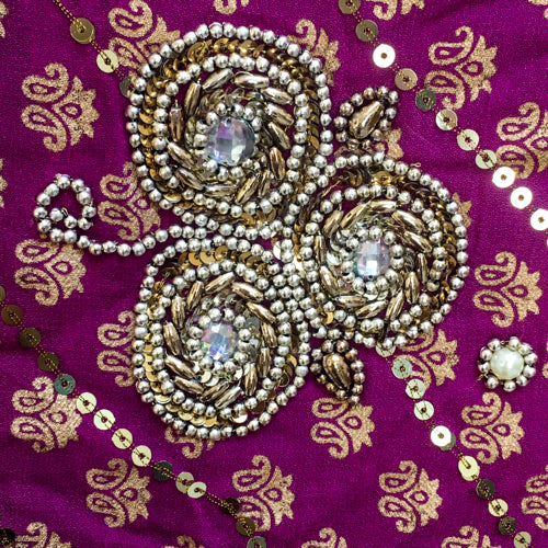 Heavily ornamented purple &amp; green recycled chiffon sari
