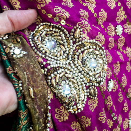 Heavily ornamented purple &amp; green recycled chiffon sari