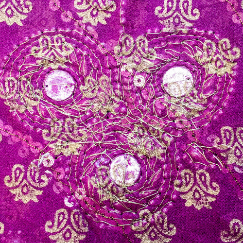 Heavily ornamented purple &amp; green recycled chiffon sari