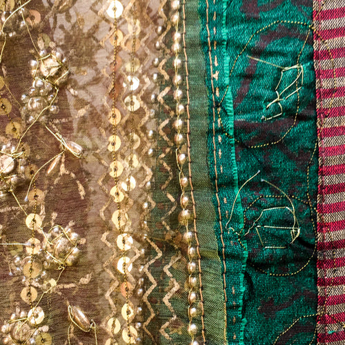 Heavily ornamented purple &amp; green recycled chiffon sari