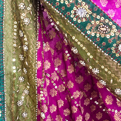 Heavily ornamented purple & green recycled chiffon sari