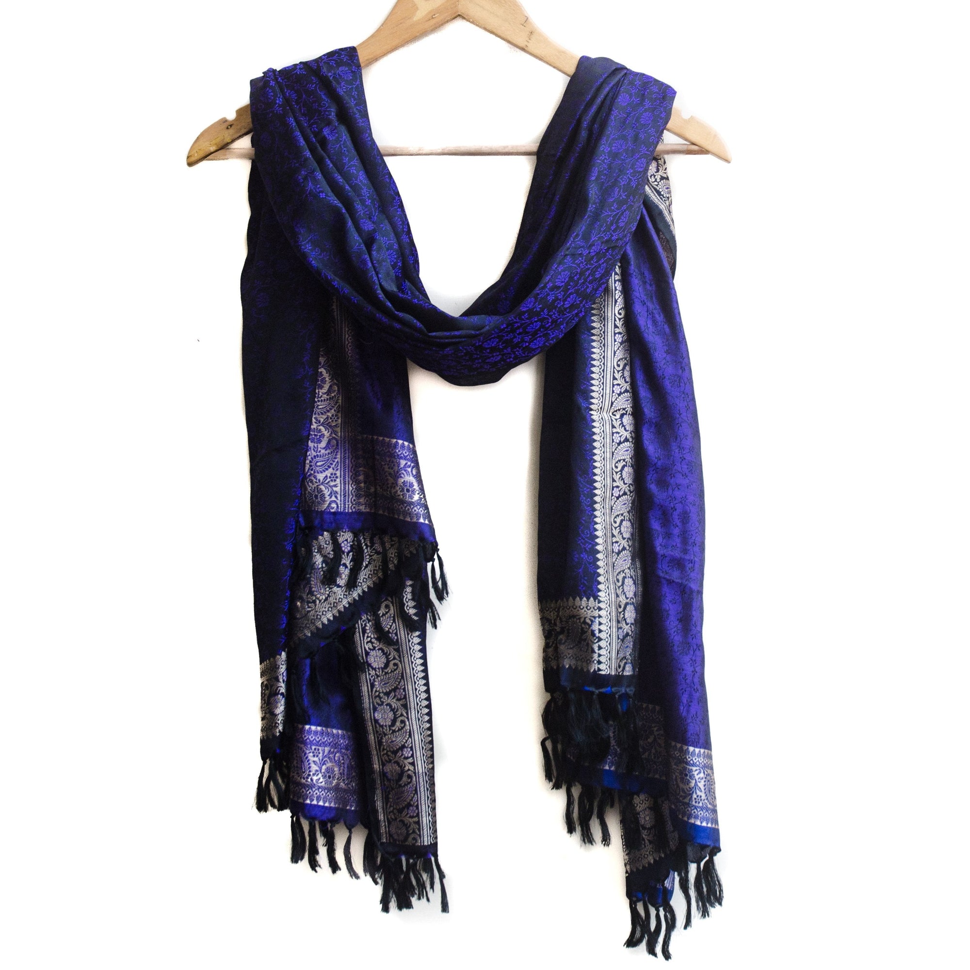 Banarasi Brocade Silk Shawl - Midnight Blue