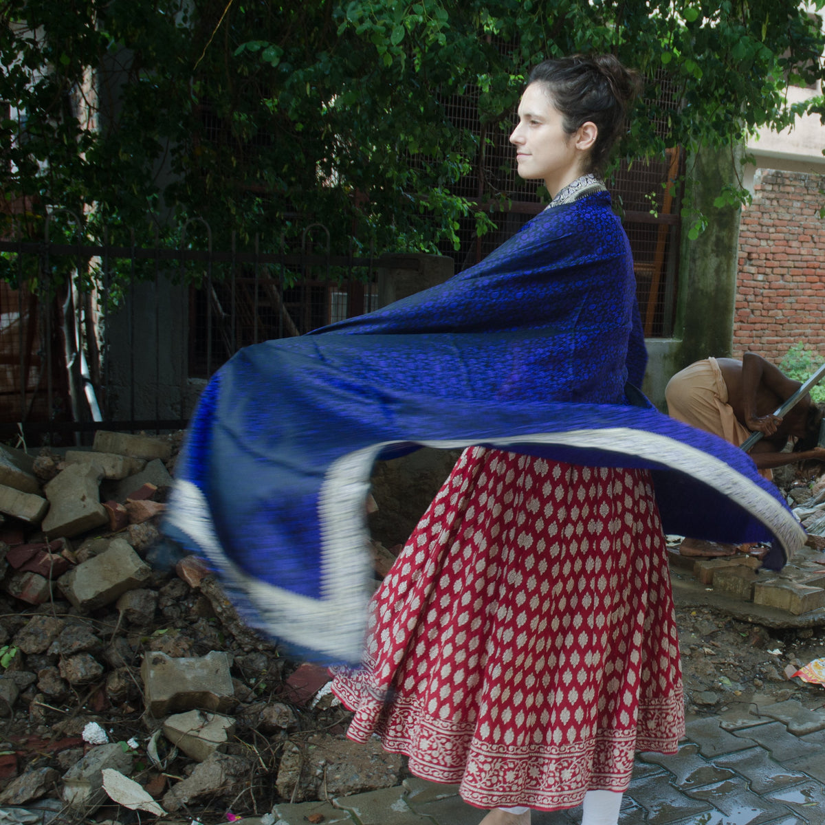Banarasi Brocade Silk Shawl - Midnight Blue