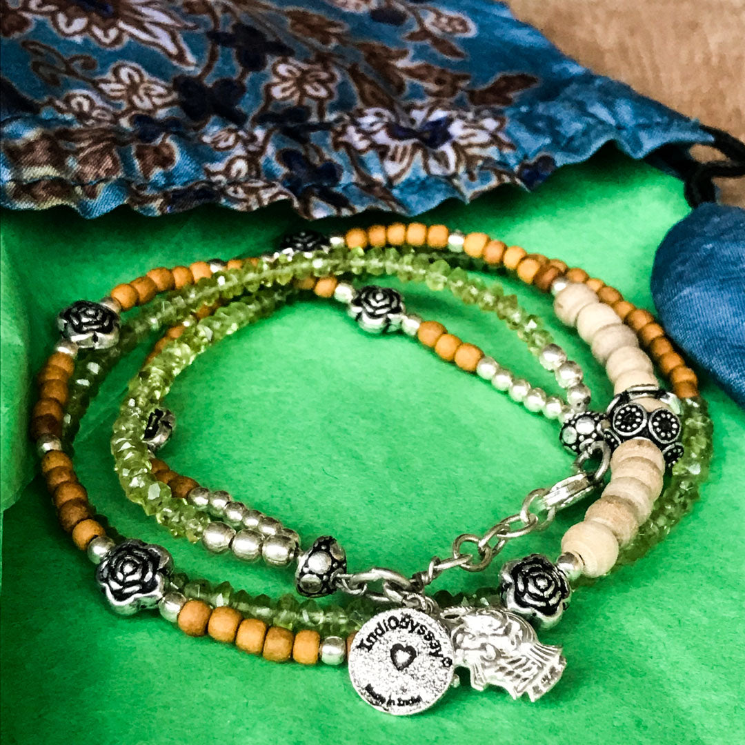 Peridot, Sandalwood & Tulasi RadhaKrishna Wrap Bracelet IndiOdyssey