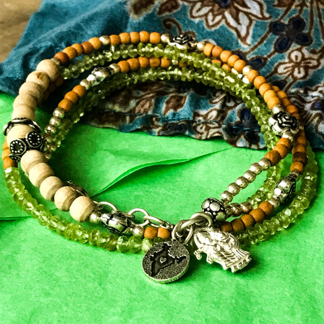 Peridot, Sandalwood & Tulasi RadhaKrishna Wrap Bracelet IndiOdyssey