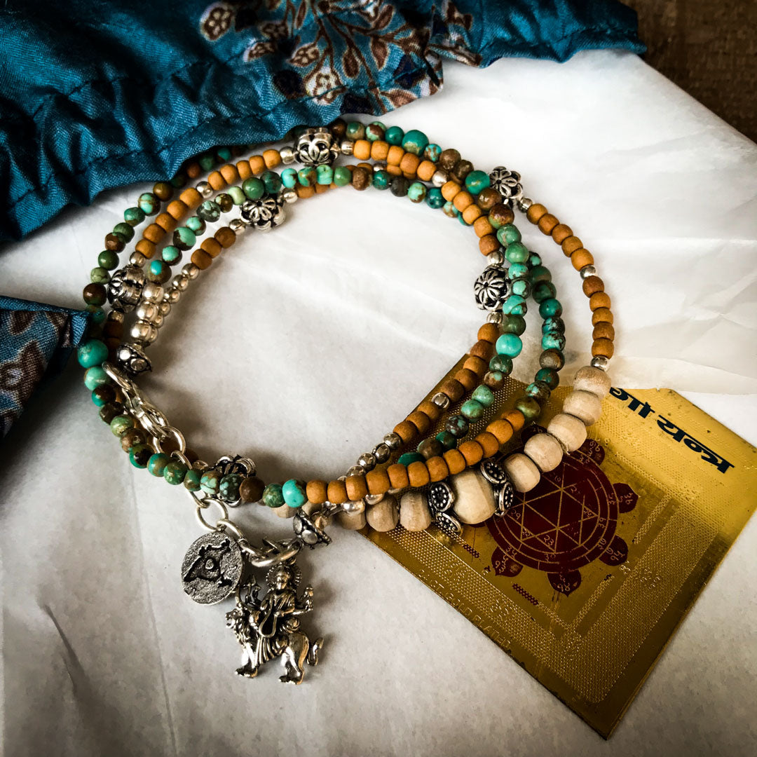 Arizona Turquoise, Sandalwood &amp; Tulasi Durga Wrap Bracelet