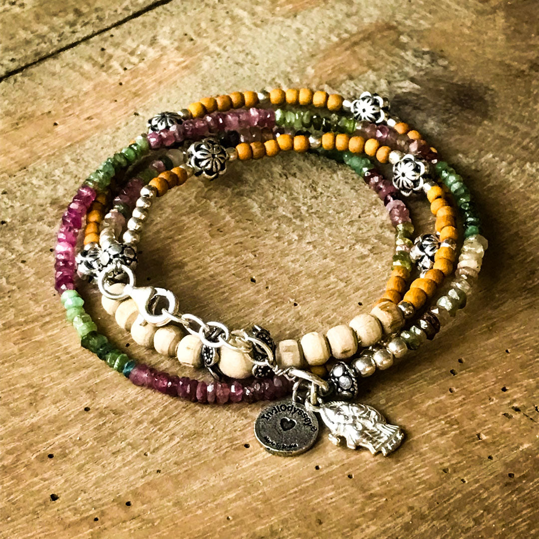 Watermelon Tourmaline, Sandalwood &amp; Tulasi RadhaKrishna Wrap Bracelet IndiOdyssey