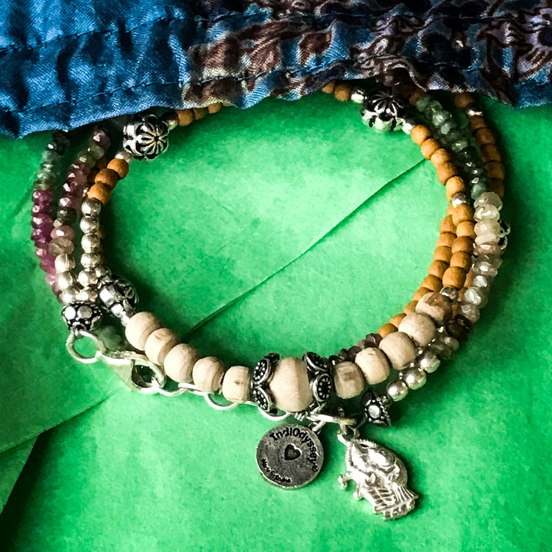 Watermelon Tourmaline, Sandalwood &amp; Tulasi RadhaKrishna Wrap Bracelet IndiOdyssey