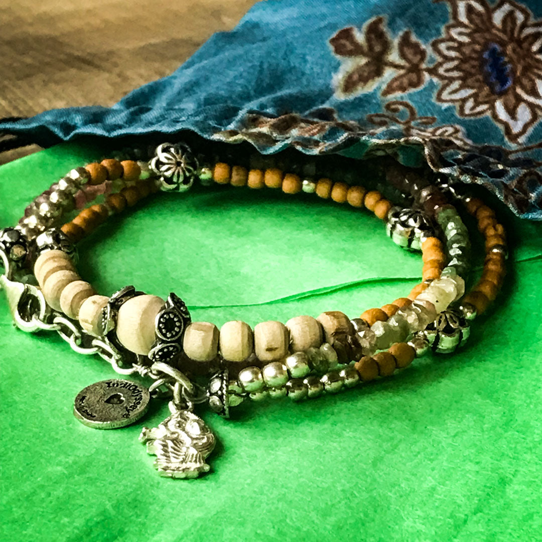 Watermelon Tourmaline, Sandalwood &amp; Tulasi RadhaKrishna Wrap Bracelet IndiOdyssey