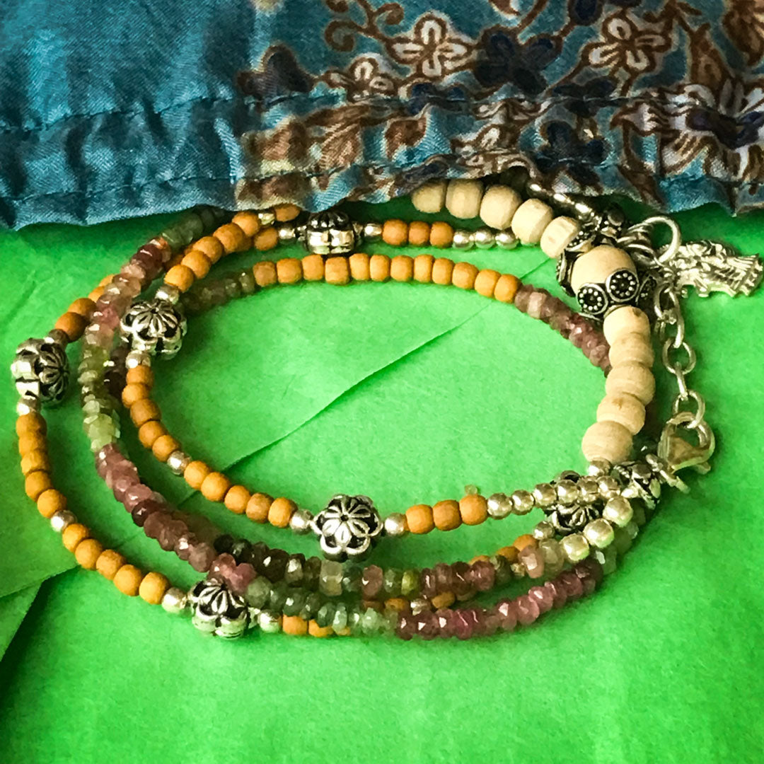 Watermelon Tourmaline, Sandalwood &amp; Tulasi RadhaKrishna Wrap Bracelet IndiOdyssey